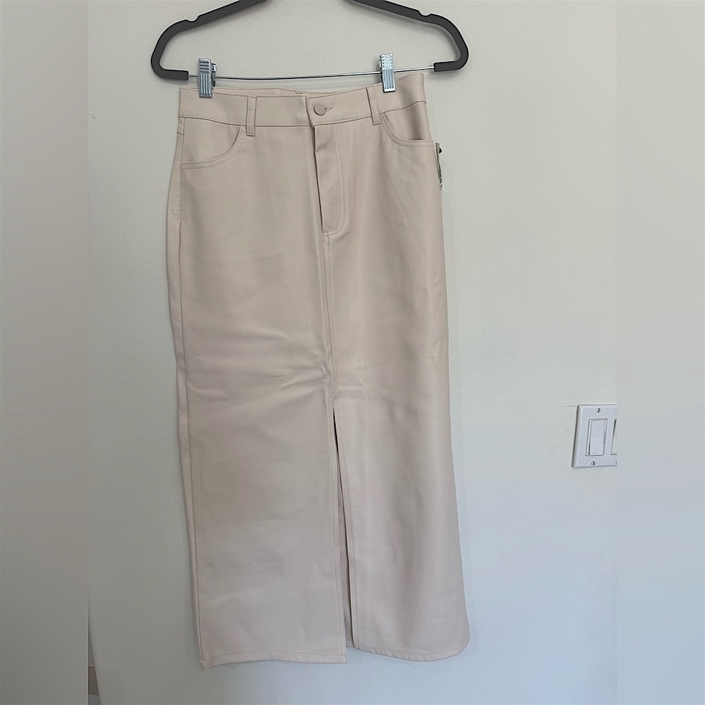 Haute Monde Cream Maxi Faux leather skirt with Button with zipper detail